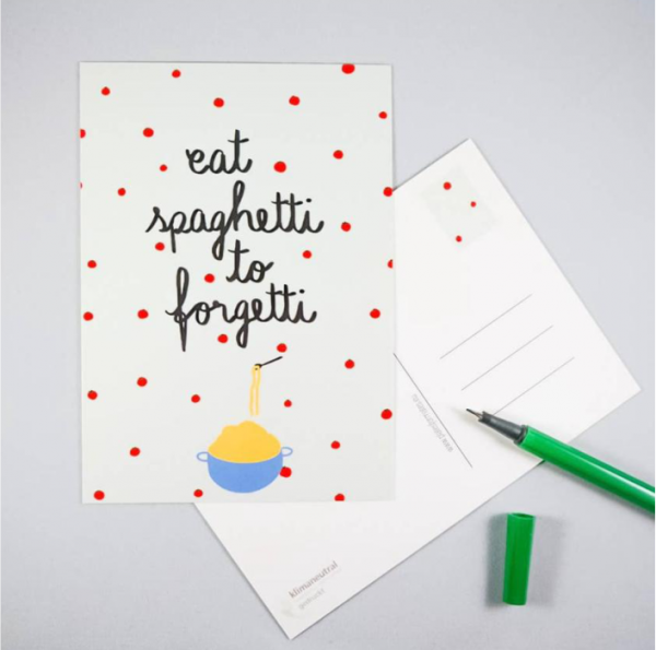 Postkarte "eat spaghetti to forgetti"